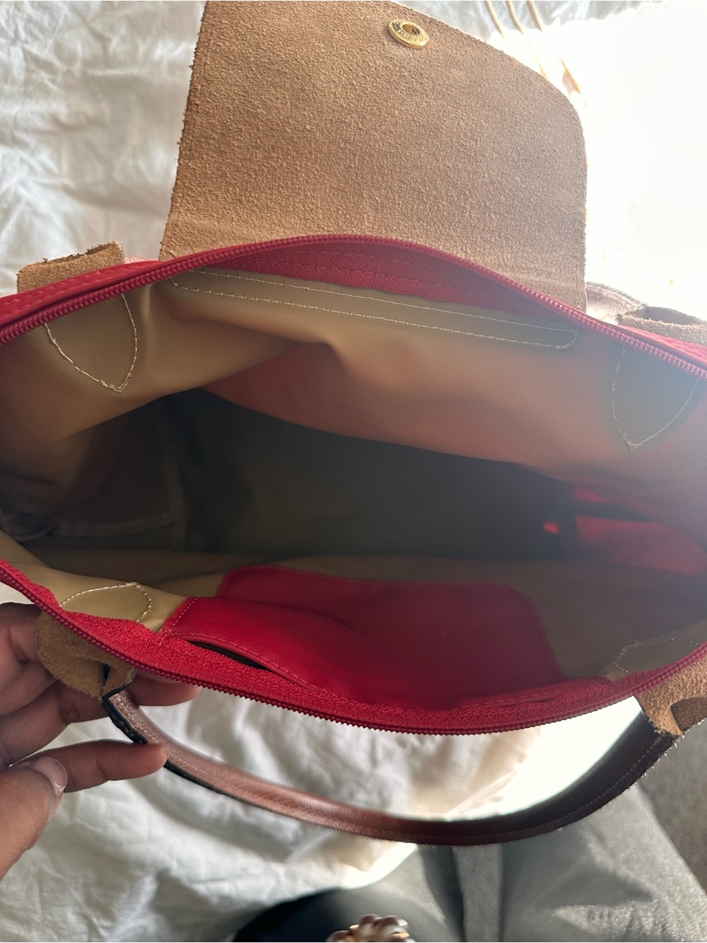 Longchamp Red Nylon Shoulder Bag with Brown Leather Flap and Straps - Picture 2 of 4